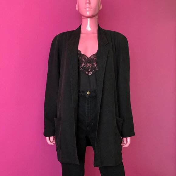 Vintage 80s/90s M/L Silk Blazer Black Jacket Open Front Shoulder Pads Georgiou - Picture 1 of 11